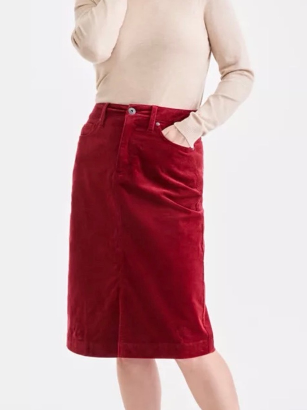Women's Red Merlot Corduroy Midi Skirt Straight Bodycon New Style Co 10 Knee Hot